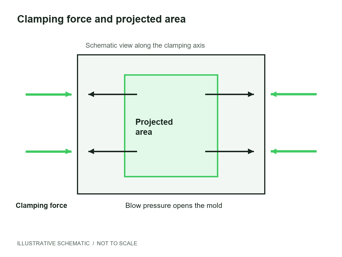 Illustrative schematic showing blow pressure on projected area opposed by clamping force