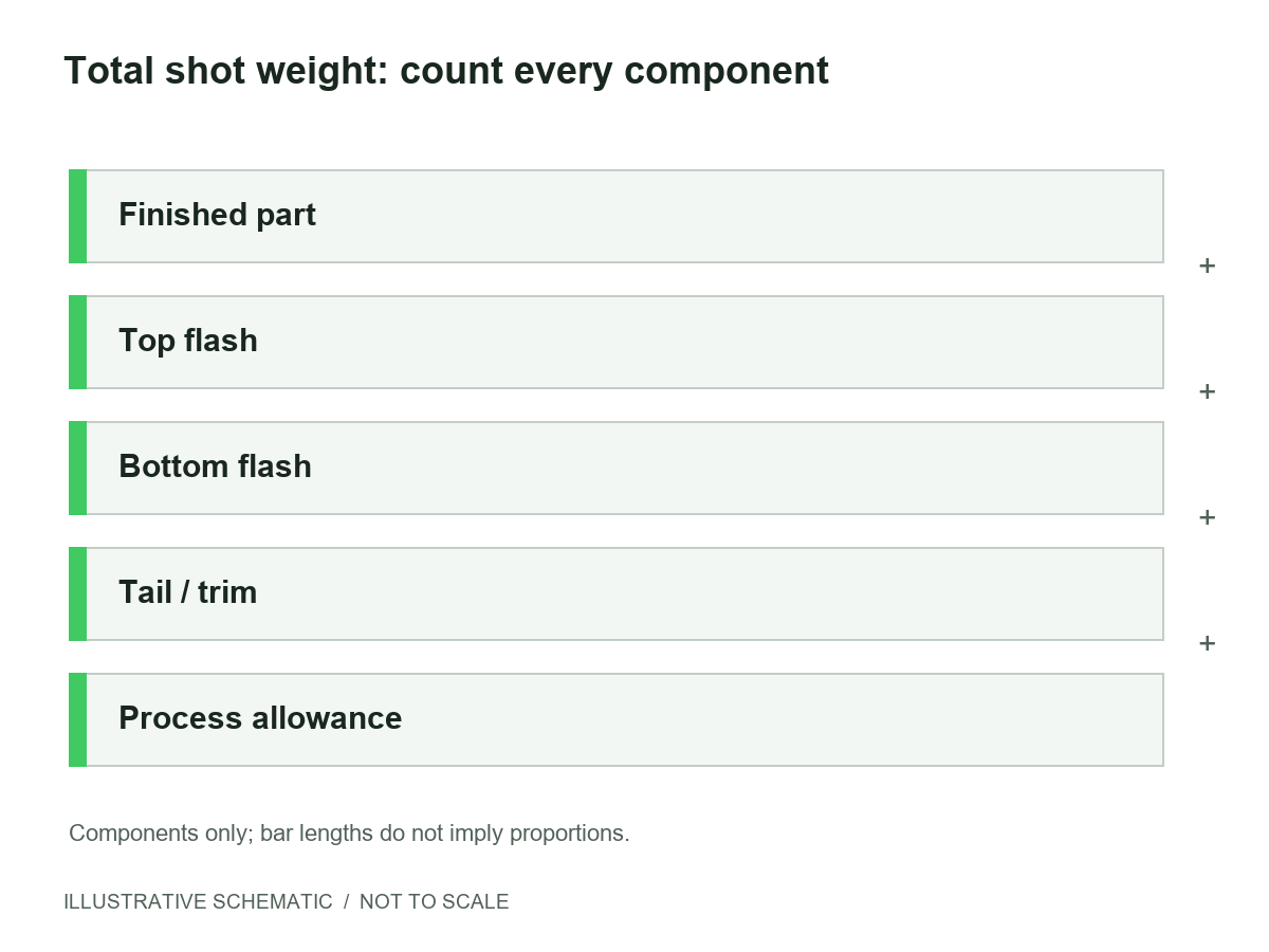 Illustrative schematic showing finished drum, top flash, bottom flash, tail or trim and process allowance in total shot weight